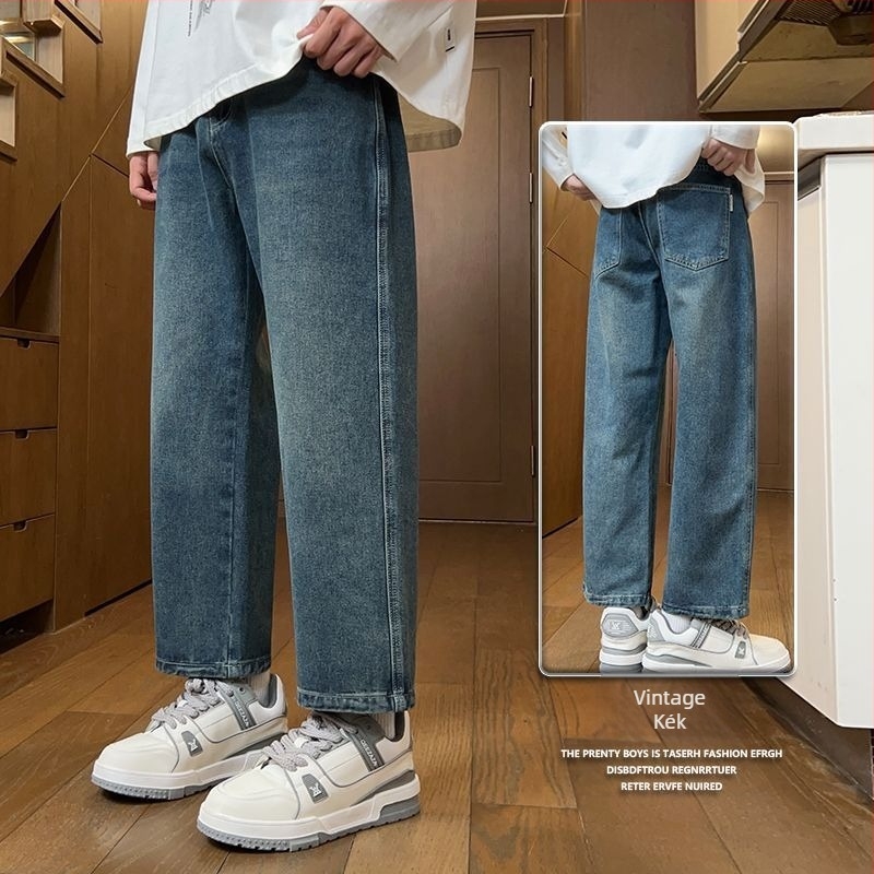 2025 őszi-téli férfi farmernadrág, bokáig érő hossz, retro stílus, egyenes szabás, laza, széles szárú denim