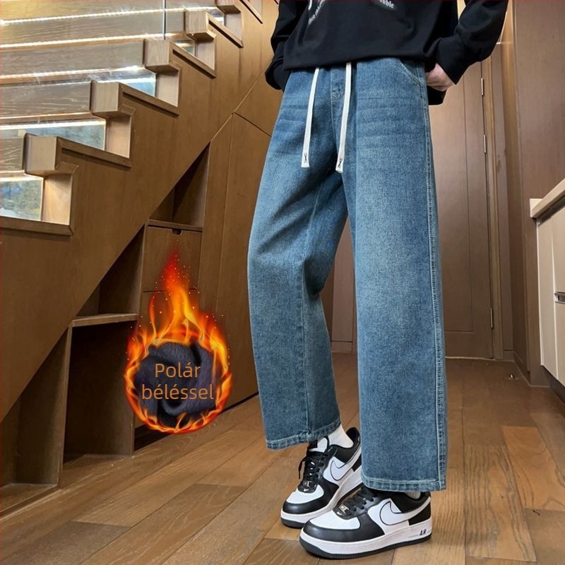2025 őszi-téli férfi farmernadrág, bokáig érő hossz, retro stílus, egyenes szabás, laza, széles szárú denim