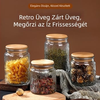 Átlátszó üvegből készült tárolóedény Begónia virág domborított mintával, zárható, konyhai tároláshoz, harapnivalók és tea