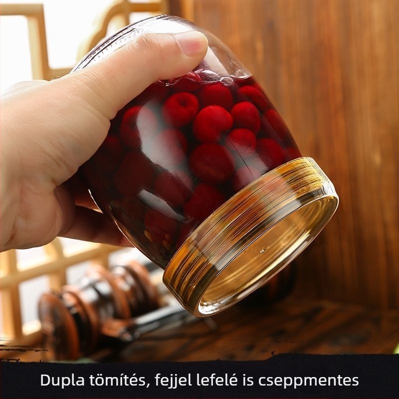 Többcélú vastag üveg tárolóedény légmentesen záródó nedvességálló kialakítással, méz, gabonafélék, diófélék, tea és tejpor számára.