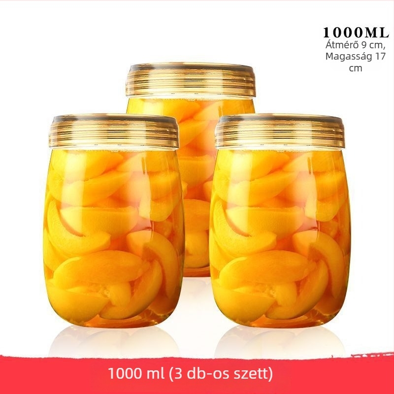 Többcélú vastag üveg tárolóedény légmentesen záródó nedvességálló kialakítással, méz, gabonafélék, diófélék, tea és tejpor számára.