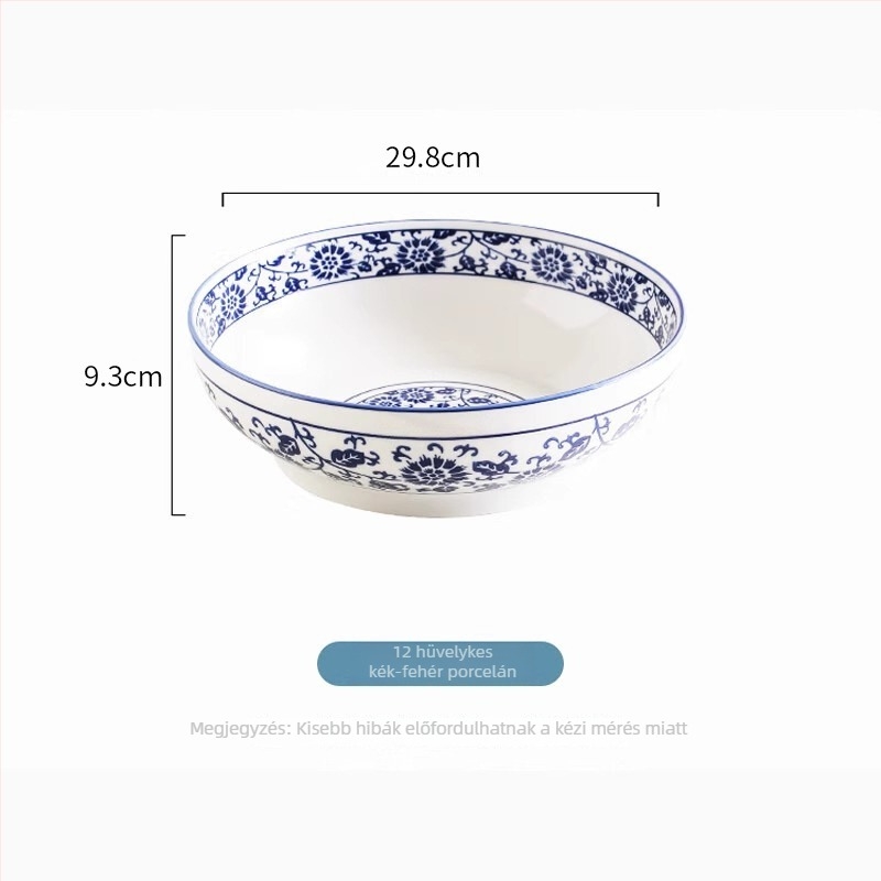 12 hüvelykes nagy porcelán levesestál kék-fehér underglaze