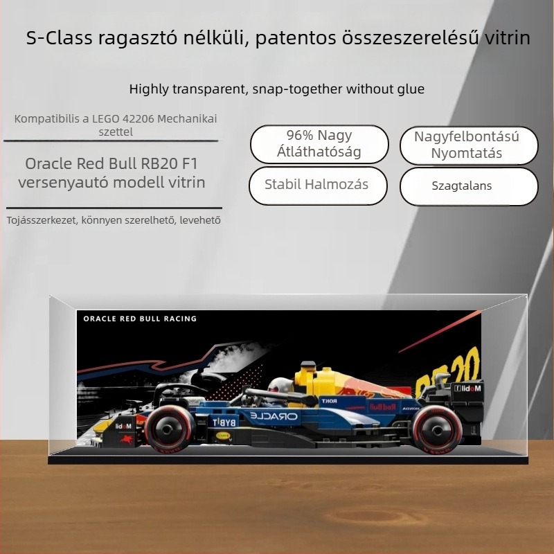 Akril vitrín Lego 42141, 42207 és 42171 F1 versenyző figurák számára – porvédő tárolódoboz