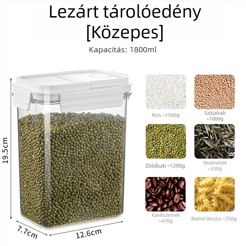 Élelmiszer-minőségű nedvességzáró átlátszó műanyag tároló gabonákhoz és nassolnivalókhoz, 1–2 L