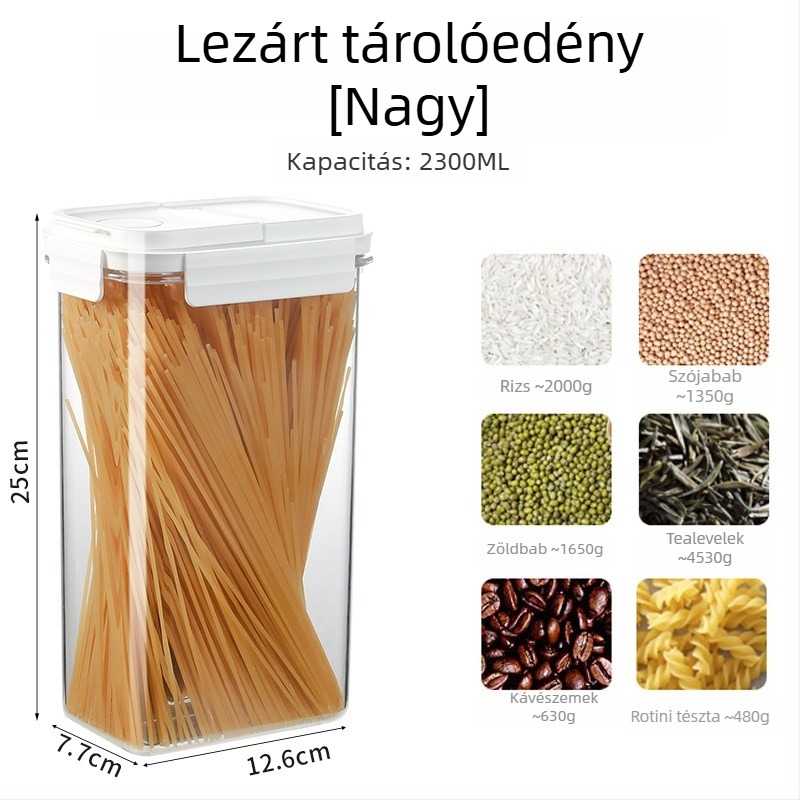 Élelmiszer-minőségű nedvességzáró átlátszó műanyag tároló gabonákhoz és nassolnivalókhoz, 1–2 L