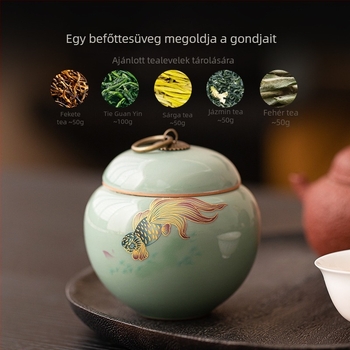 Ru kiln celadon teás tároló, kis méretű, koi mintával, hordozható zöld és fekete tea számára