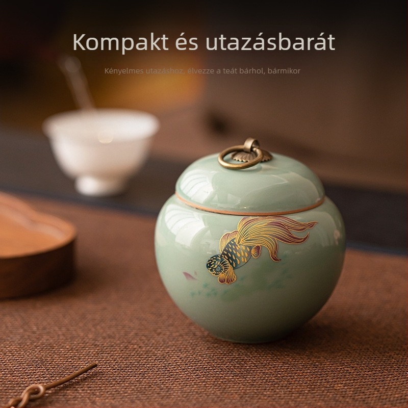 Ru kiln celadon teás tároló, kis méretű, koi mintával, hordozható zöld és fekete tea számára