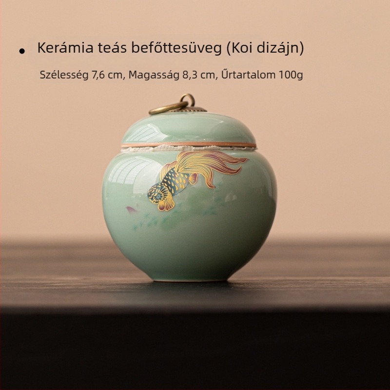 Ru kiln celadon teás tároló, kis méretű, koi mintával, hordozható zöld és fekete tea számára