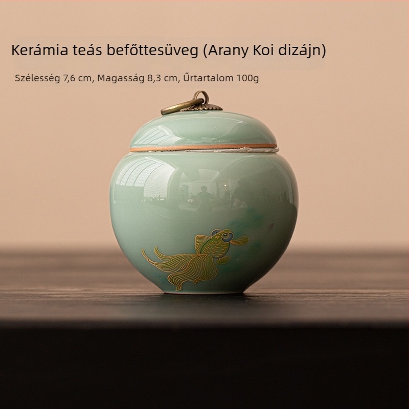 Ru kiln celadon teás tároló, kis méretű, koi mintával, hordozható zöld és fekete tea számára