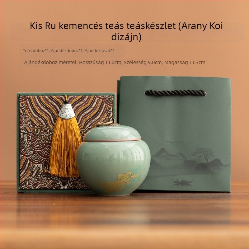 Ru kiln celadon teás tároló, kis méretű, koi mintával, hordozható zöld és fekete tea számára