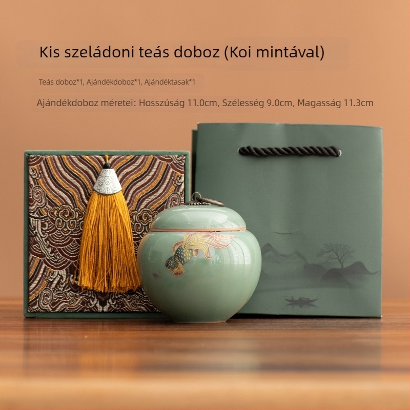 Ru kiln celadon teás tároló, kis méretű, koi mintával, hordozható zöld és fekete tea számára