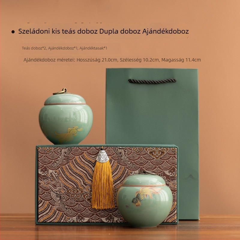 Ru kiln celadon teás tároló, kis méretű, koi mintával, hordozható zöld és fekete tea számára