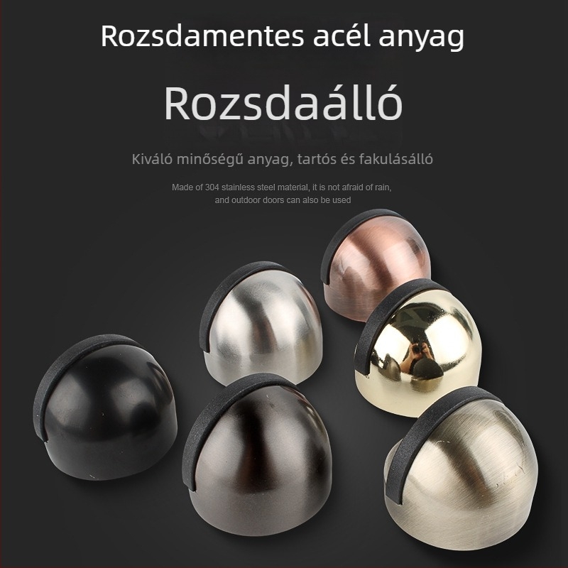Rozsdamentes acél ajtóstop, fúrás nélküli, kiemelt gumis fejjel, padlóra szerelhető, ütésálló üvegfelületekhez