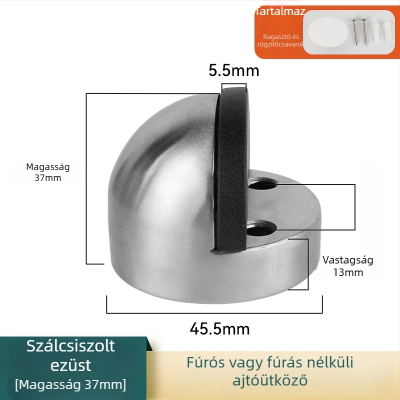 Rozsdamentes acél ajtóstop, fúrás nélküli, kiemelt gumis fejjel, padlóra szerelhető, ütésálló üvegfelületekhez