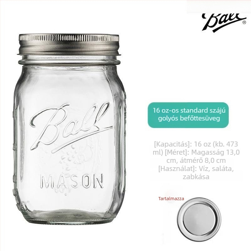 Szétválasztott fedelű üveg Mason-kanna, átlátszó, zárt tárolóedény, 480 ml
