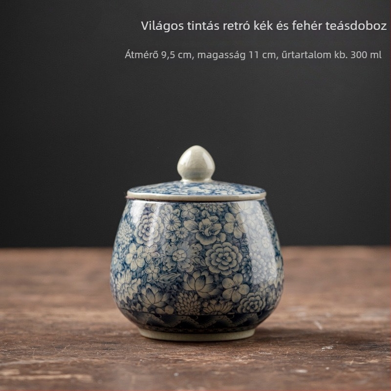 Kék‑fehér kerámia teás tároló, kis zárt edény, retro stílusú nedvességálló tea tároló