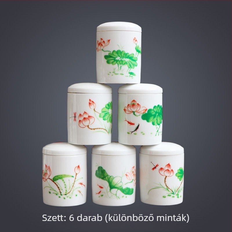 Dehua fehér porcelán zománcos lótusz mintás kerámia teás tárolóedény, zárható, kompakt mini méretű