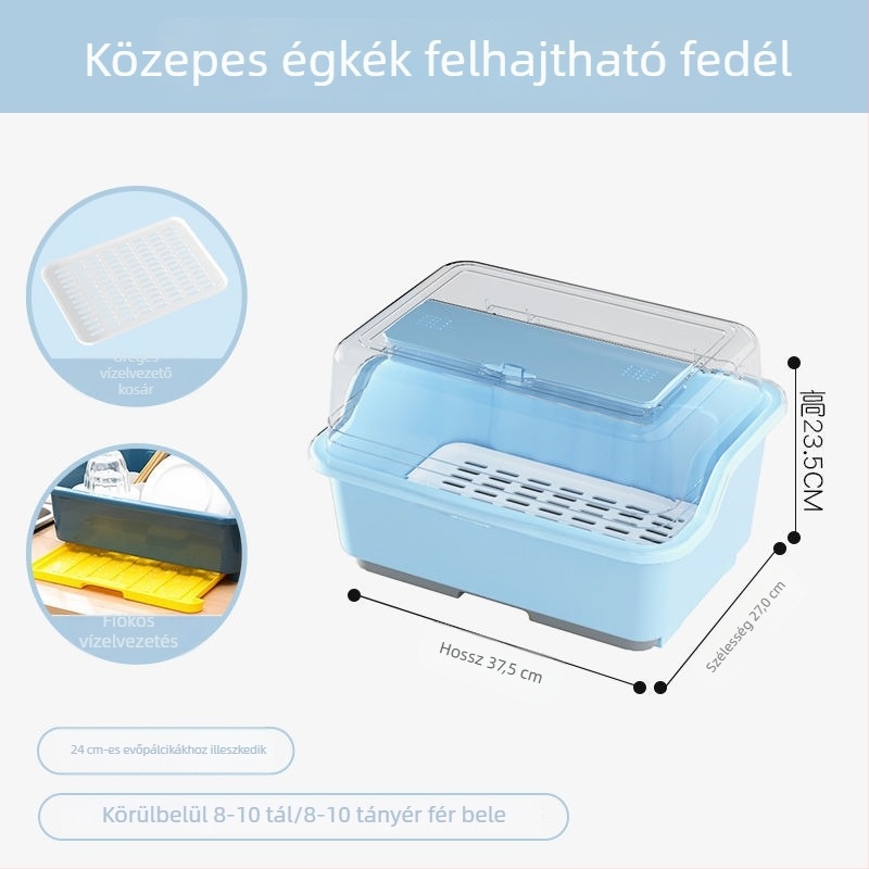 Átlátszó műanyag tároló doboz tálak és evőeszközök számára fedéllel, konyhai szárítóállvánnyal
