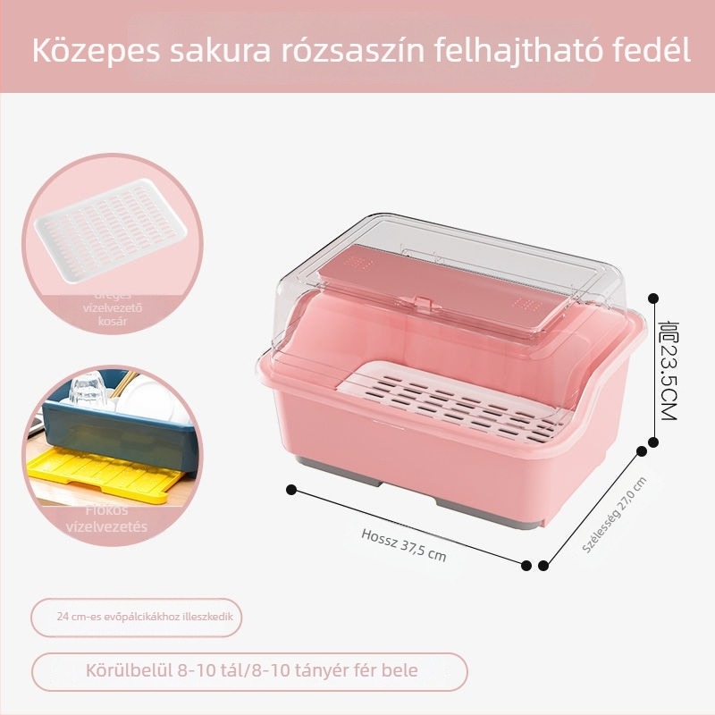 Átlátszó műanyag tároló doboz tálak és evőeszközök számára fedéllel, konyhai szárítóállvánnyal