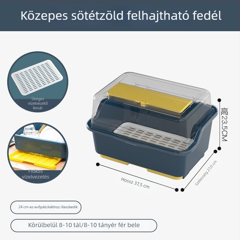 Átlátszó műanyag tároló doboz tálak és evőeszközök számára fedéllel, konyhai szárítóállvánnyal
