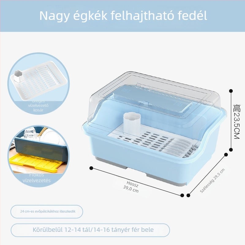 Átlátszó műanyag tároló doboz tálak és evőeszközök számára fedéllel, konyhai szárítóállvánnyal