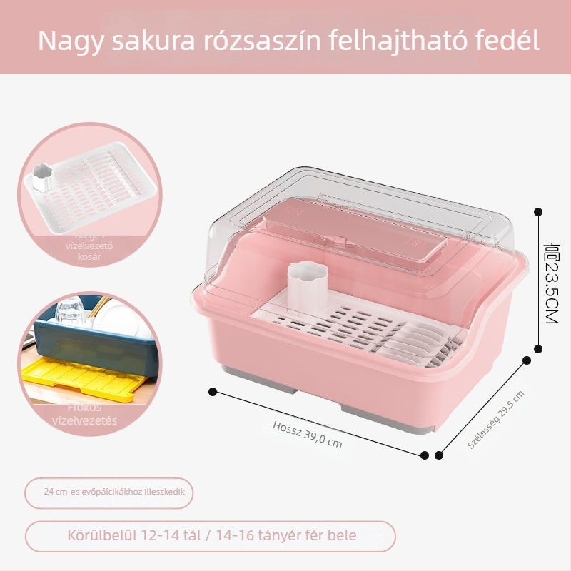 Átlátszó műanyag tároló doboz tálak és evőeszközök számára fedéllel, konyhai szárítóállvánnyal