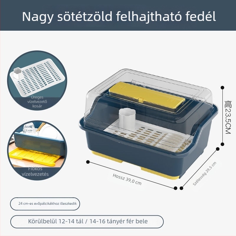 Átlátszó műanyag tároló doboz tálak és evőeszközök számára fedéllel, konyhai szárítóállvánnyal