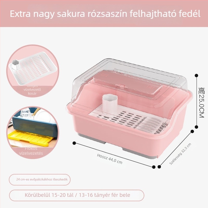 Átlátszó műanyag tároló doboz tálak és evőeszközök számára fedéllel, konyhai szárítóállvánnyal
