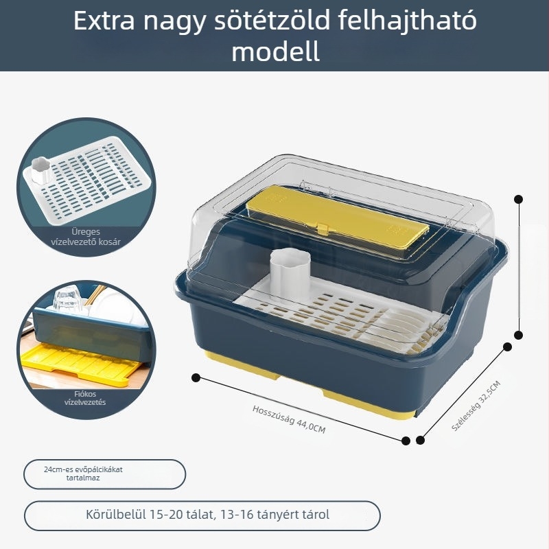 Átlátszó műanyag tároló doboz tálak és evőeszközök számára fedéllel, konyhai szárítóállvánnyal