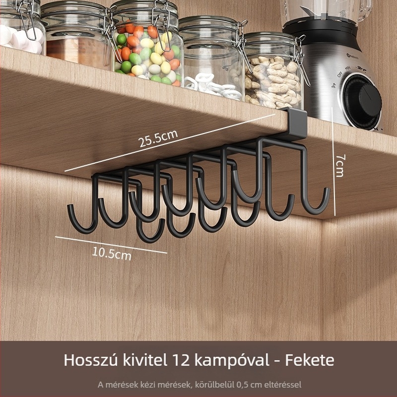 Konyhai falra szerelhető tárolóállvány fúrás nélkül, akasztós pohártartóval