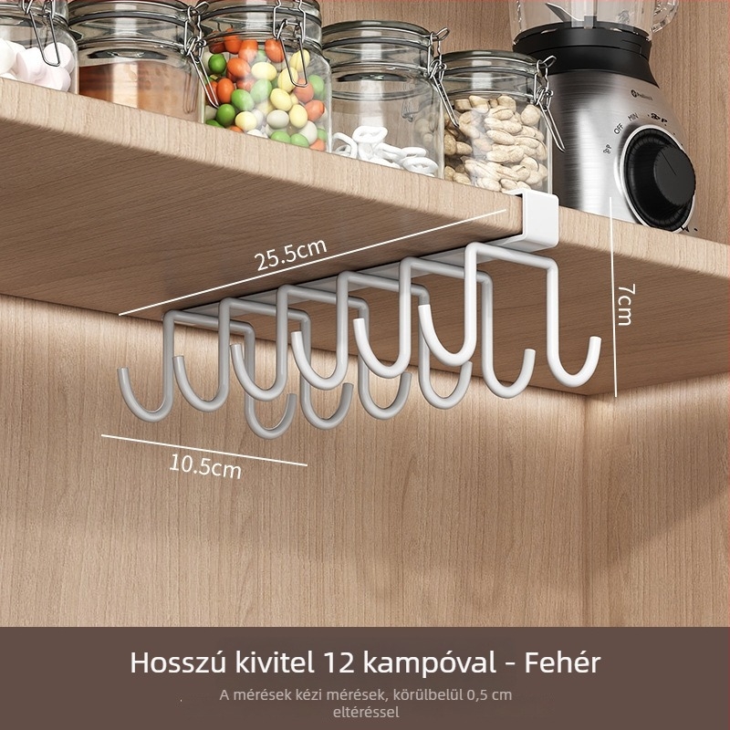 Konyhai falra szerelhető tárolóállvány fúrás nélkül, akasztós pohártartóval
