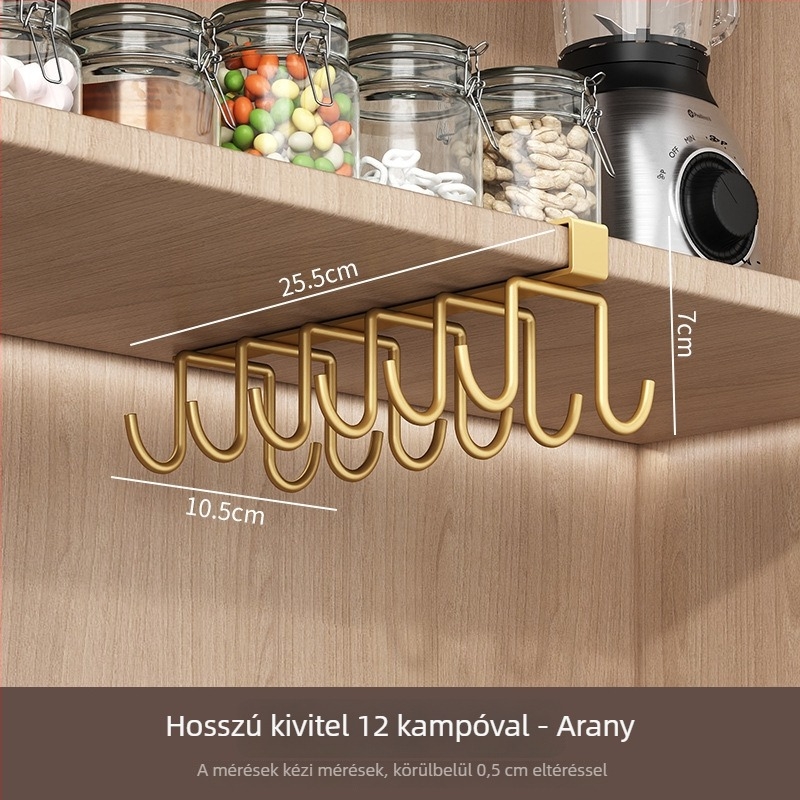 Konyhai falra szerelhető tárolóállvány fúrás nélkül, akasztós pohártartóval