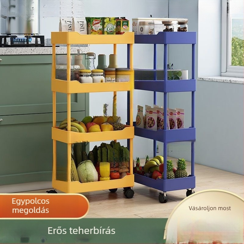Keskeny konyhai tárolóállvány, padlón álló, többszintű, fürdőszobába alkalmas mobil tárolókocsi