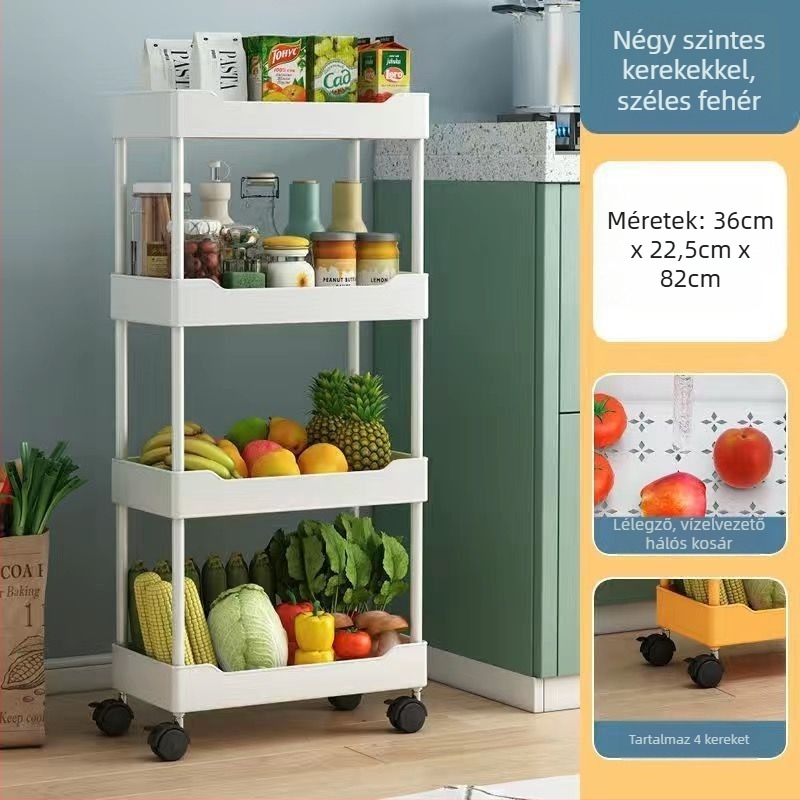 Keskeny konyhai tárolóállvány, padlón álló, többszintű, fürdőszobába alkalmas mobil tárolókocsi