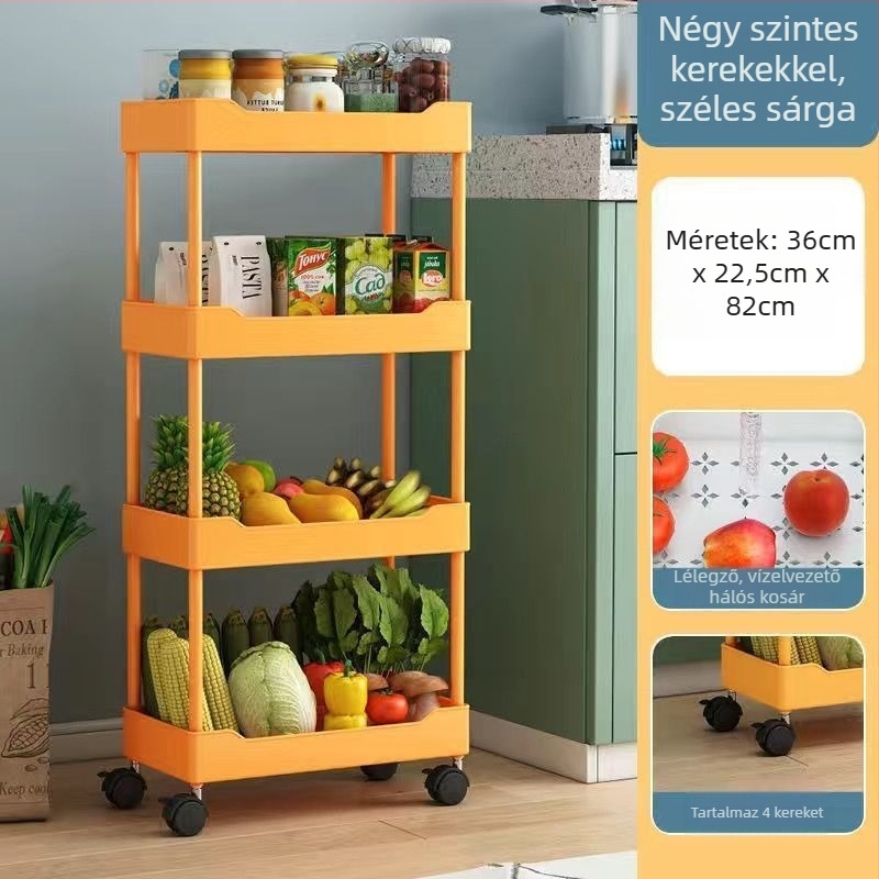Keskeny konyhai tárolóállvány, padlón álló, többszintű, fürdőszobába alkalmas mobil tárolókocsi