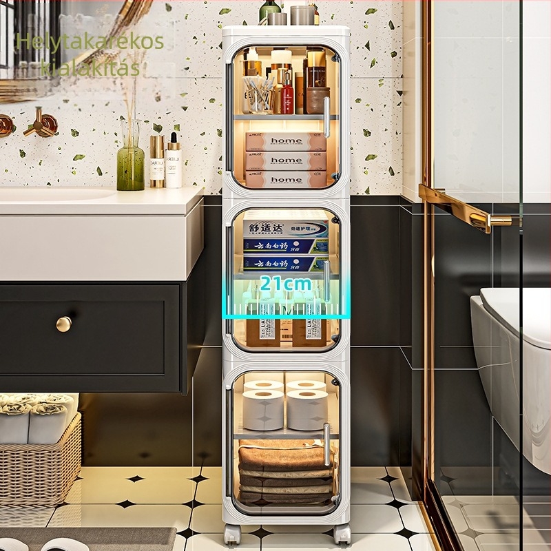 Műanyag fürdőszobai tároló keskeny résekhez, a WC oldalán és a konyhai hűtő melletti térhez