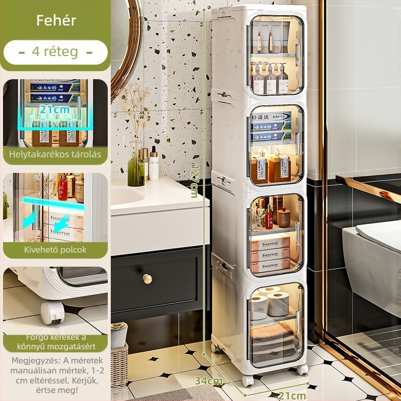 Műanyag fürdőszobai tároló keskeny résekhez, a WC oldalán és a konyhai hűtő melletti térhez