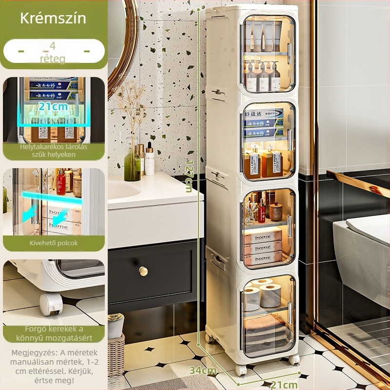Műanyag fürdőszobai tároló keskeny résekhez, a WC oldalán és a konyhai hűtő melletti térhez