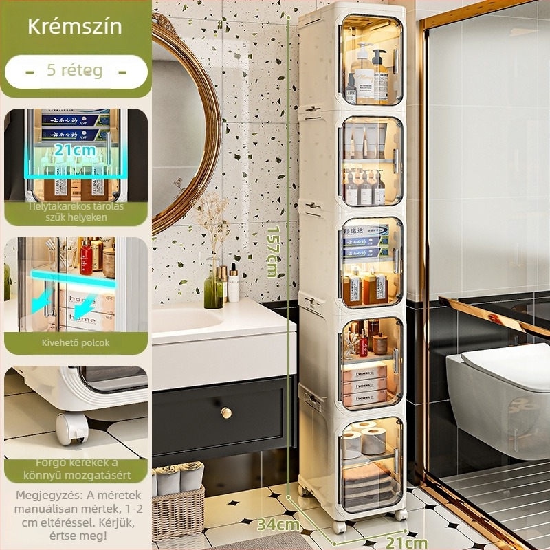 Műanyag fürdőszobai tároló keskeny résekhez, a WC oldalán és a konyhai hűtő melletti térhez