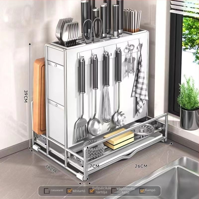 NRB rozsdamentes acél késállvány és vágódeszka tároló a konyhapulton