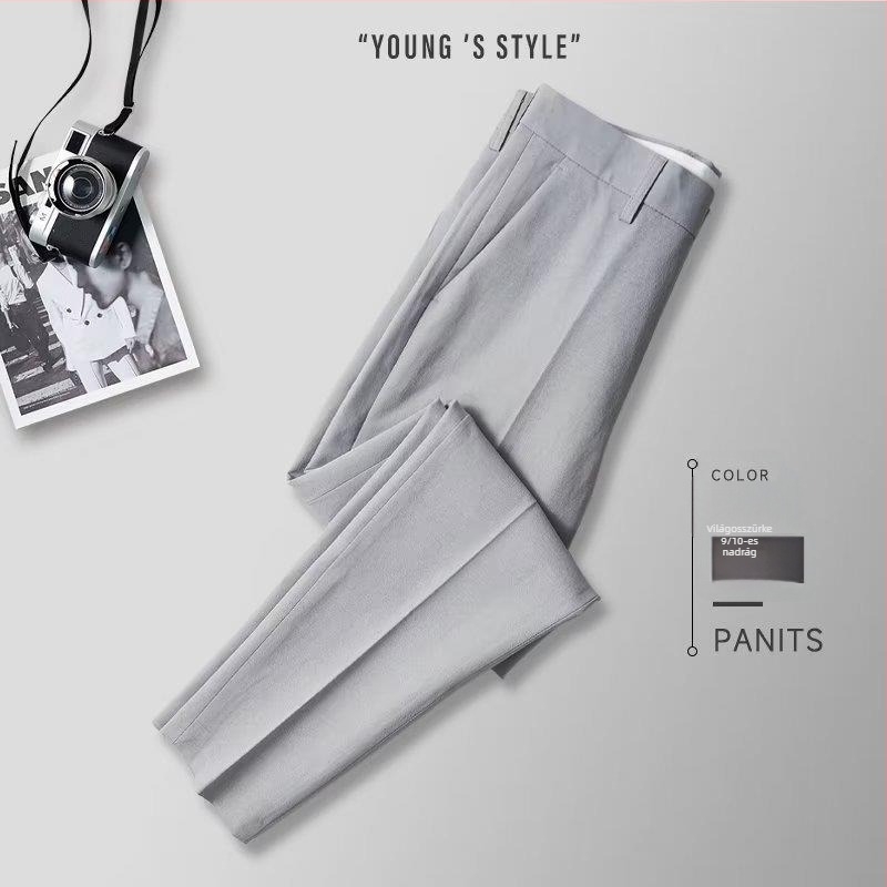 Férfi slim-fit nadrág, 9/10 hosszúságú, üzleti stílus, nem vasalható, nyári alkalmi öltönynadrág