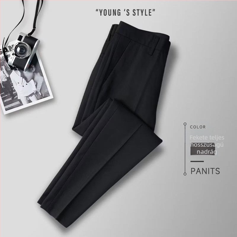 Férfi slim-fit nadrág, 9/10 hosszúságú, üzleti stílus, nem vasalható, nyári alkalmi öltönynadrág