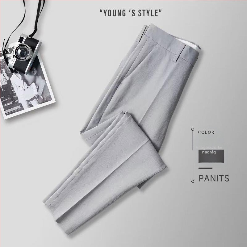 Férfi slim-fit nadrág, 9/10 hosszúságú, üzleti stílus, nem vasalható, nyári alkalmi öltönynadrág