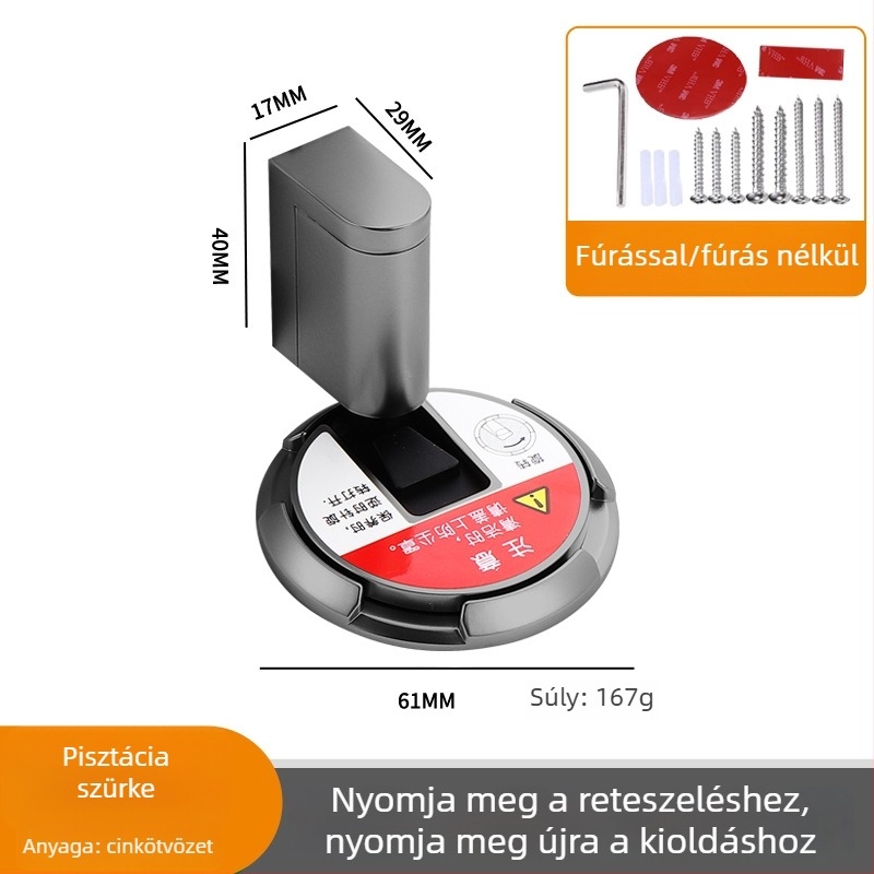 Szélálló padlóra szívó ajtóstop, lyukasztás nélküli, ütésvédett, mechanikus, rejtett kialakítású fürdőszobába