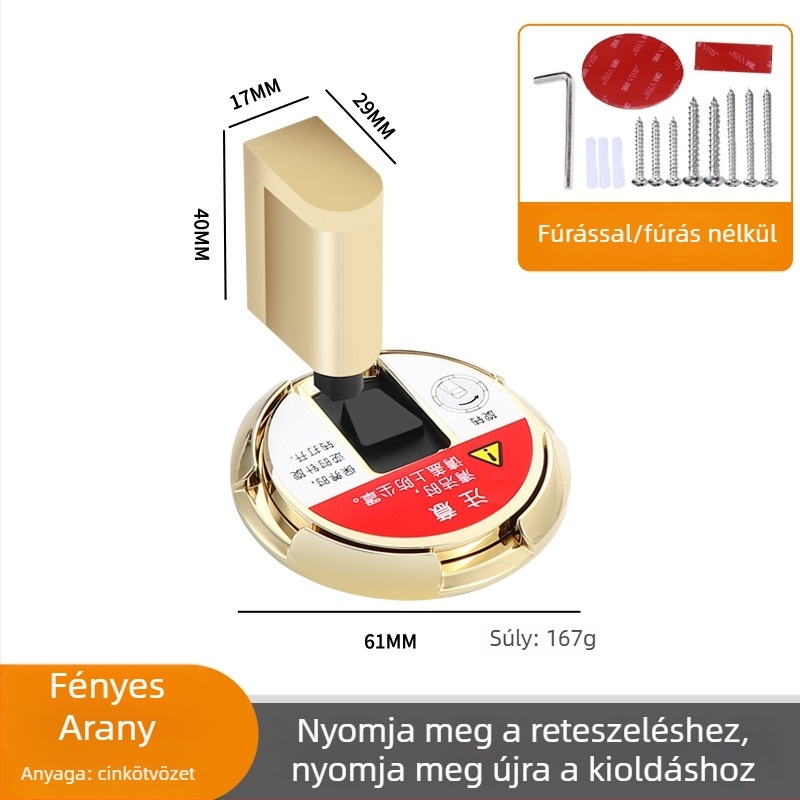 Szélálló padlóra szívó ajtóstop, lyukasztás nélküli, ütésvédett, mechanikus, rejtett kialakítású fürdőszobába