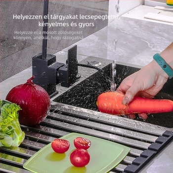 304-es rozsdamentes acélból készült összecsukható konyhai mosogató zöldségek mosásához, vízszűrővel, tekerhető lefolyó kosárral és tárolópolccal