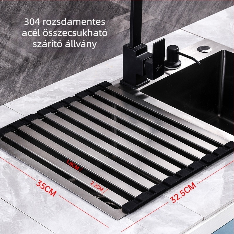 304-es rozsdamentes acélból készült összecsukható konyhai mosogató zöldségek mosásához, vízszűrővel, tekerhető lefolyó kosárral és tárolópolccal