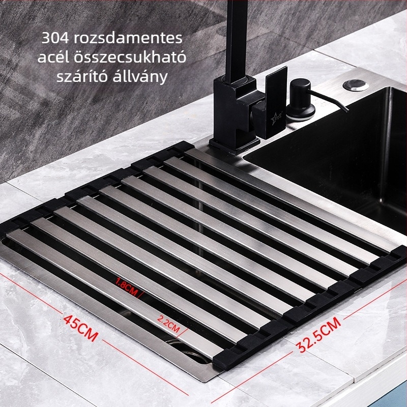 304-es rozsdamentes acélból készült összecsukható konyhai mosogató zöldségek mosásához, vízszűrővel, tekerhető lefolyó kosárral és tárolópolccal