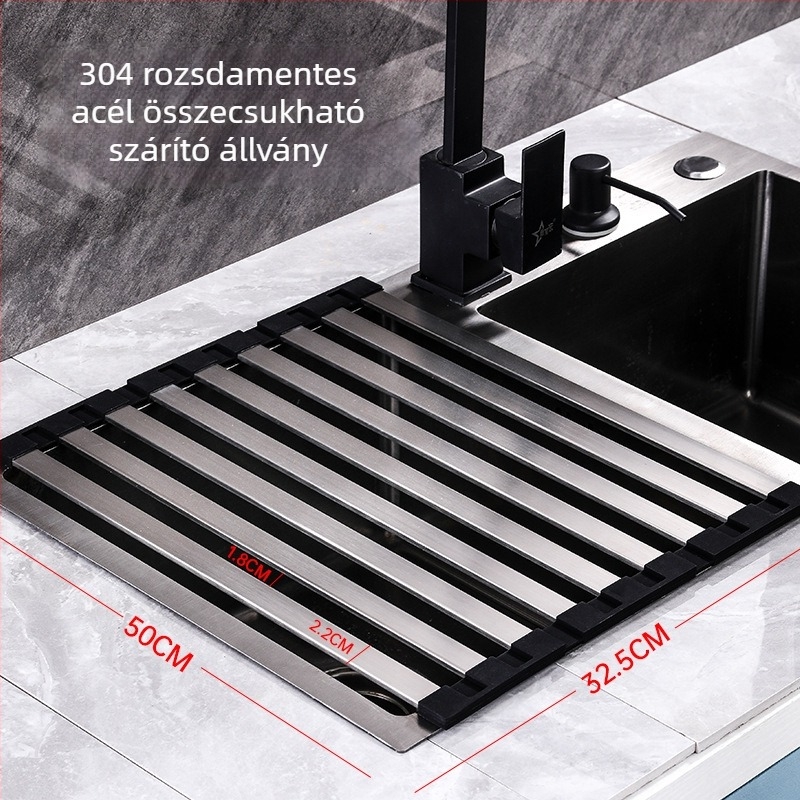 304-es rozsdamentes acélból készült összecsukható konyhai mosogató zöldségek mosásához, vízszűrővel, tekerhető lefolyó kosárral és tárolópolccal