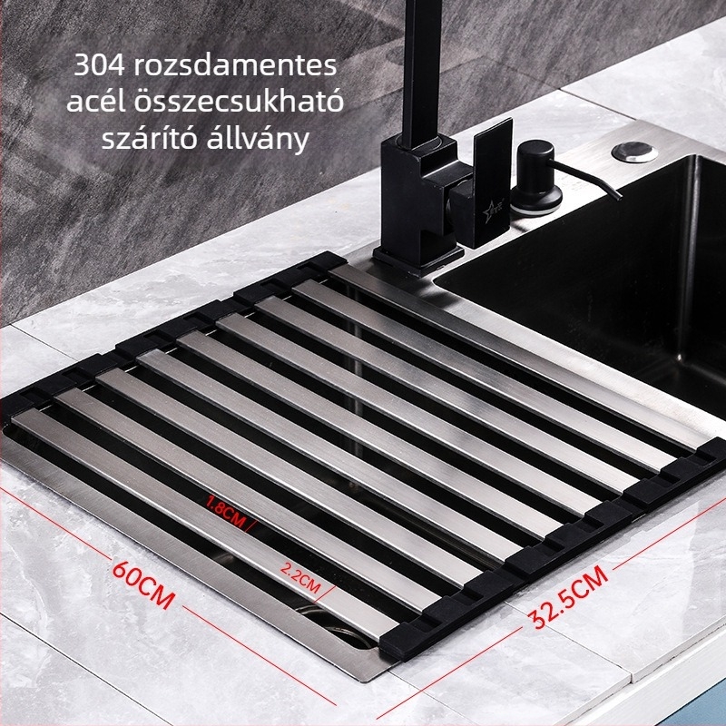 304-es rozsdamentes acélból készült összecsukható konyhai mosogató zöldségek mosásához, vízszűrővel, tekerhető lefolyó kosárral és tárolópolccal